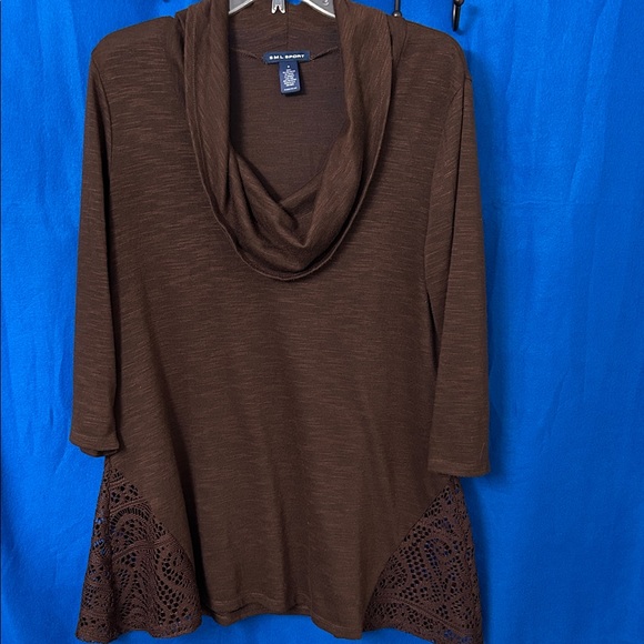 SML Sport Tops - Chocolate Brown Cowl Neck Top with lace insert on side.